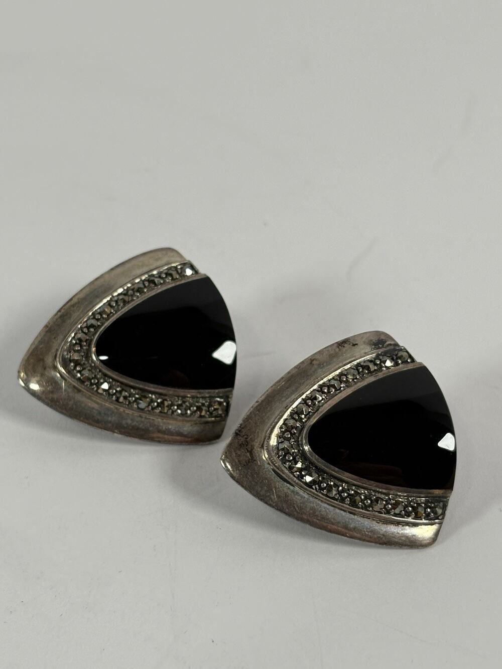 Vintage Sterling Silver Black Onyx Marcasite Triangle Clip On Earrings Geometric
